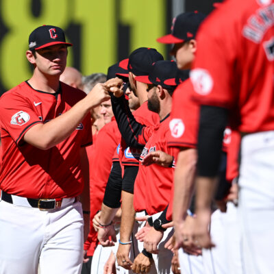 Gavin Williams of the Cleveland Guardians is introduced prior to Game One of the Division Series against the Detroit Tigers at Progressive Field.