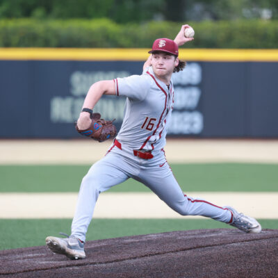 WINSTON SALEM, NORTH CAROLINA - APRIL 19: Jamie Arnold #16 of the Florida State Seminoles makes a pitch against the Wake Forest Demon Deacons at David F. Couch Ballpark on April 19, 2024 in Winston Salem, North Carolina. (Photo by Isaiah Vazquez/Getty Images)