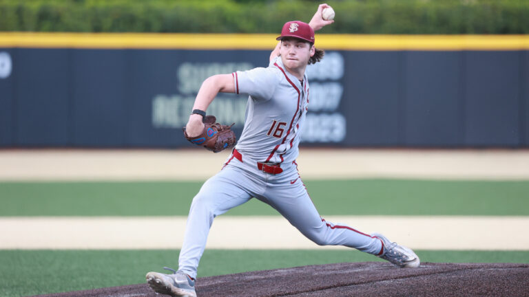 WINSTON SALEM, NORTH CAROLINA - APRIL 19: Jamie Arnold #16 of the Florida State Seminoles makes a pitch against the Wake Forest Demon Deacons at David F. Couch Ballpark on April 19, 2024 in Winston Salem, North Carolina. (Photo by Isaiah Vazquez/Getty Images)