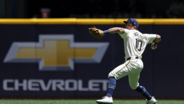 MILWAUKEE, WI - JUNE 26: Milwaukee Brewers outfielder Sal Frelick (10) throws the ball after fielding a line drive during an MLB game against the Texas Rangers on June 26, 2024 at American Family Field in Milwaukee, Wisconsin. (Photo by Joe Robbins/Icon Sportswire via Getty Images)