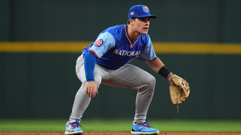 ARLINGTON, TX - JULY 13: Matt Shaw #5 of the Chicago Cubs looks on during the 2024 All-Star Futures Game at Globe Life Field on Saturday, July 13, 2024 in Arlington, Texas. (Photo by Sam Hodde/MLB Photos via Getty Images)