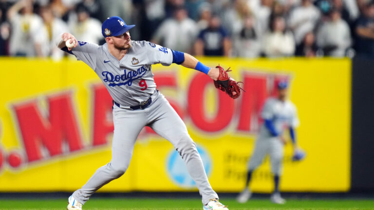 NEW YORK, NY - OCTOBER 30: Gavin Lux #9 of the Los Angeles Dodgers fields a ball during Game 5 of the 2024 World Series presented by Capital One between the Los Angeles Dodgers and the New York Yankees at Yankee Stadium on Wednesday, October 30, 2024 in New York, New York. (Photo by Daniel Shirey/MLB Photos via Getty Images)