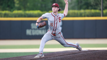 Jamie Arnold of the Florida State Seminoles pitches against the Wake Forest Demon Deacons at David F. Couch Ballpark.