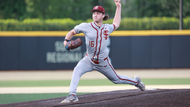 Jamie Arnold of the Florida State Seminoles pitches against the Wake Forest Demon Deacons at David F. Couch Ballpark.