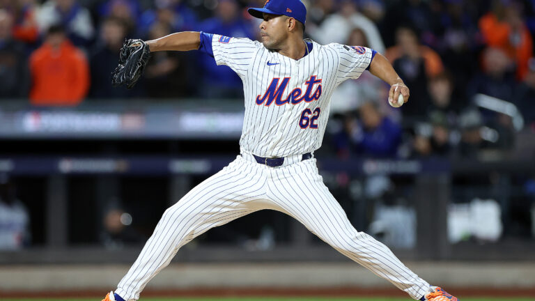 Jose Quintana #62 of the New York Mets throws a pitch during the first inning against the Los Angeles Dodgers during Game Four of the National League Championship Series at Citi Field.