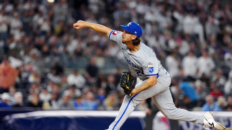 Michael Lorenzen of the Kansas City Royals pitches during Game 1 of the Division Series presented by Booking.com between the Kansas City Royals and the New York Yankees at Yankee Stadium.