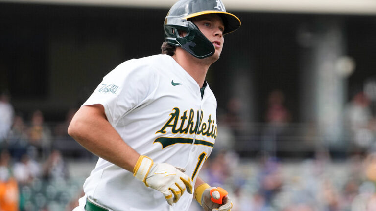 SACRAMENTO, CA - SEPTEMBER 28: Nick Kurtz #16 of the Athletics rounds the bases after hitting a home run during the game between the Kansas City Royals and the Athletics at Sutter Health Park on Sunday, September 28, 2025 in Sacramento, California. (Photo by Bryan Kennedy/MLB Photos via Getty Images)