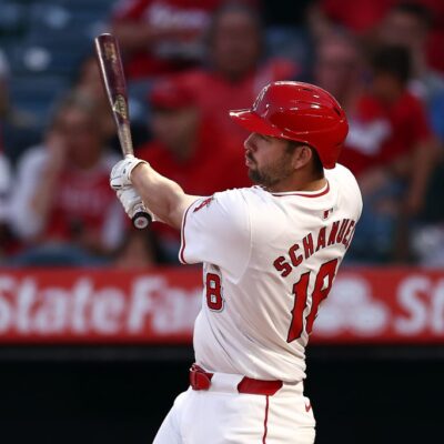 Nolan Schanuel of the Los Angeles Angels at bat during the first inning against the Chicago White Sox at Angel Stadium of Anaheim.