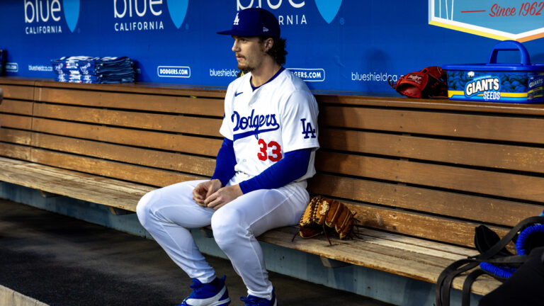 LOS ANGELES, CA - APRIL 1, 2024: Los Angeles Dodgers center fielder James Outman (33) in the dugout before the game against the San Francisco Giants on April 1, 2024 at Dodger Stadium in Los Angeles, California.(Gina Ferazzi / Los Angeles Times via Getty Images)