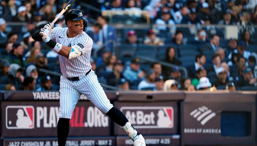 Aaron Judge of the New York Yankees looks on from the on-deck circle during the game between the Milwaukee Brewers and the New York Yankees at Yankee Stadium.