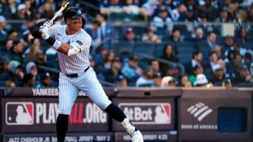 Aaron Judge of the New York Yankees looks on from the on-deck circle during the game between the Milwaukee Brewers and the New York Yankees at Yankee Stadium.