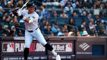 Aaron Judge of the New York Yankees looks on from the on-deck circle during the game between the Milwaukee Brewers and the New York Yankees at Yankee Stadium.