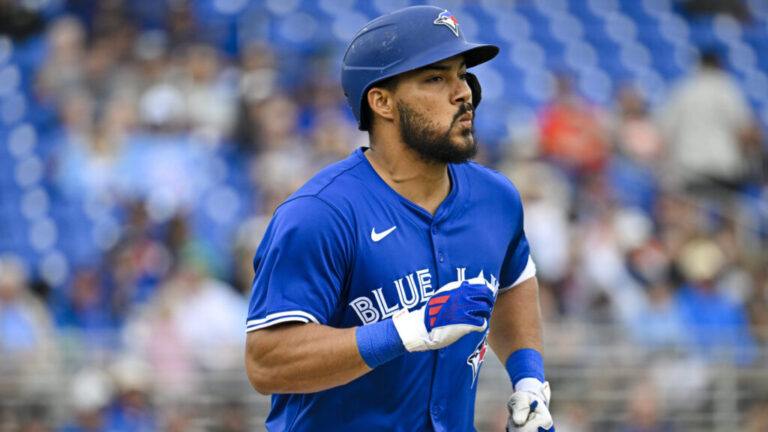DUNEDIN, FLORIDA - MARCH 10: Anthony Santander #25 of the Toronto Blue Jays runs to first base against the Houston Astros during a Grapefruit League spring training game at TD Ballpark on March 10, 2025 in Dunedin, Florida. (Photo by Miguel Rodriguez/Getty Images)