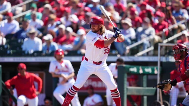 Brendan Donovan of the St. Louis Cardinals at bat during a spring training game against the Washington Nationals at Roger Dean Stadium.