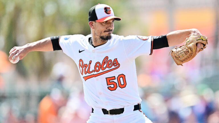 SARASOTA, FLORIDA - MARCH 03: Charlie Morton #50 of the Baltimore Orioles delivers a pitch in the first inning against the Boston Red Sox during a Grapefruit League spring training game at Ed Smith Stadium on March 03, 2025 in Sarasota, Florida. (Photo by Julio Aguilar/Getty Images)