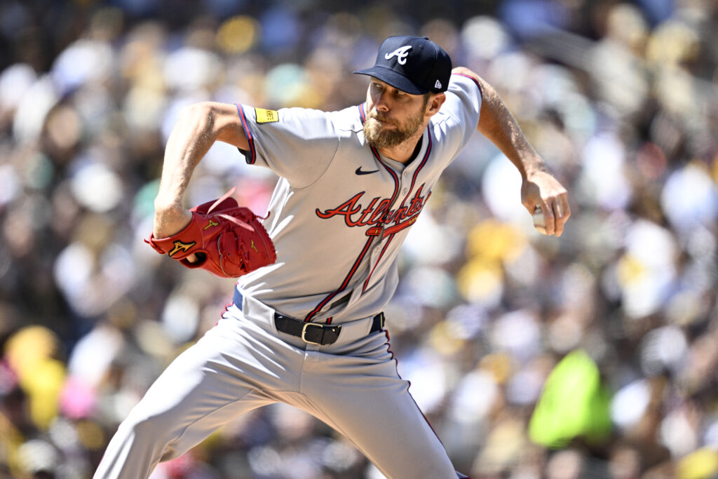 Chris Sale of the Atlanta Braves throws a pitch against the San Diego Padres in the first inning on Opening Day.