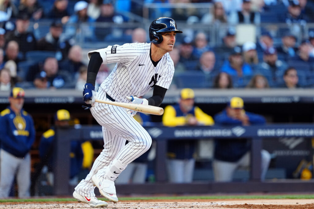 NEW YORK, NY - MARCH 27: Cody Bellinger #35 of the New York Yankees singles in the fourth inning during the game between the Milwaukee Brewers and the New York Yankees at Yankee Stadium on Thursday, March 27, 2025 in New York, New York. (Photo by Mary DeCicco/MLB Photos via Getty Images)
