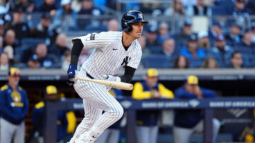 NEW YORK, NY - MARCH 27: Cody Bellinger #35 of the New York Yankees singles in the fourth inning during the game between the Milwaukee Brewers and the New York Yankees at Yankee Stadium on Thursday, March 27, 2025 in New York, New York. (Photo by Mary DeCicco/MLB Photos via Getty Images)