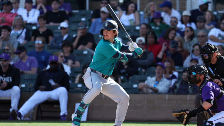 SCOTTSDALE, AZ - MARCH 2: Cole Young #92 of the Seattle Mariners bats during the game against the Colorado Rockies at Salt River Fields at Talking Stick on March 2, 2025 in Scottsdale, AZ. (Photo by Rob Leiter/MLB Photos via Getty Images)