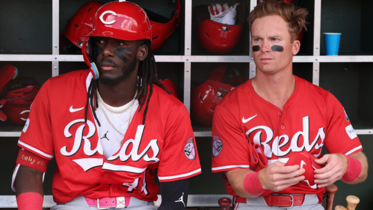 SURPRISE, ARIZONA - MARCH 12: Elly De La Cruz #44 and Matt McLain #9 of the Cincinnati Reds prepare to bat against the Texas Rangers during the first inning of the MLB game at Surprise Stadium on March 12, 2025 in Surprise, Arizona. (Photo by Christian Petersen/Getty Images)