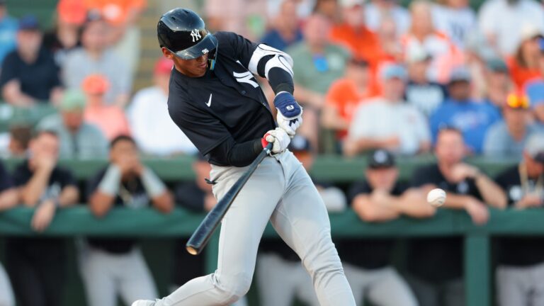 SARASOTA, FL - MARCH 15: George Lombard Jr. #55 of the New York Yankees bats in the fourth inning during the game between the New York Yankees and the Baltimore Orioles at Ed Smith Stadium on Saturday, March 15, 2025 in Sarasota, Florida. (Photo by Kelly Gavin/MLB Photos via Getty Images)