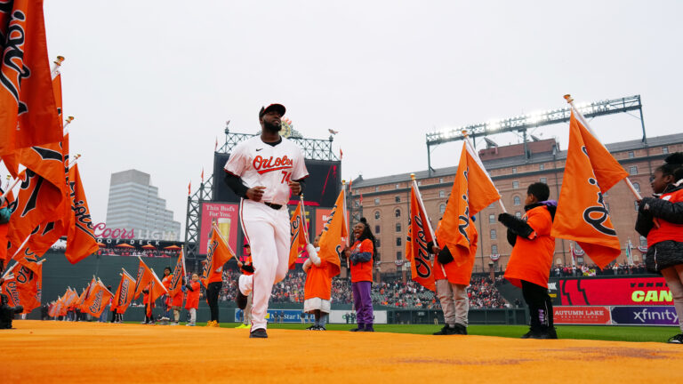 BALTIMORE, MD - MARCH 28: Félix Bautista #74 of the Baltimore Orioles takes the field during pregame ceremonies prior to the game between the Los Angeles Angels and the Baltimore Orioles at Oriole Park at Camden Yards on Thursday, March 28, 2024 in Baltimore, Maryland. (Photo by Daniel Shirey/MLB Photos via Getty Images)