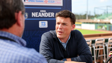 BRADENTON, FL - FEBRUARY 14: Tampa Bay Rays President of Baseball Operations Erik Neander talks to the media during the 2025 Grapefruit League Spring Training Media Day at Pirate City on Friday, February 14, 2025 in Bradenton, Florida. (Photo by Mike Carlson/MLB Photos via Getty Images)