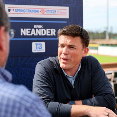 BRADENTON, FL - FEBRUARY 14: Tampa Bay Rays President of Baseball Operations Erik Neander talks to the media during the 2025 Grapefruit League Spring Training Media Day at Pirate City on Friday, February 14, 2025 in Bradenton, Florida. (Photo by Mike Carlson/MLB Photos via Getty Images)