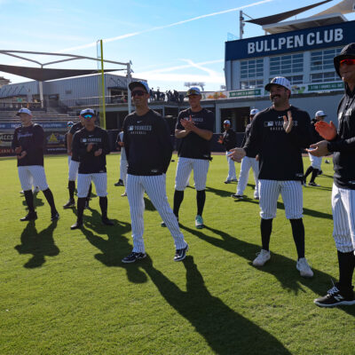 TAMPA, FL - FEBRUARY 21: The New York Yankees warm up during spring training at George M. Steinbrenner Field on February 21, 2025 in Tampa, Florida. (Photo by New York Yankees/Getty Images)