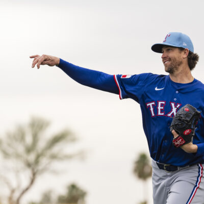 Jacob deGrom of the Texas Rangers throws during a spring training workout at Surprise Stadium.