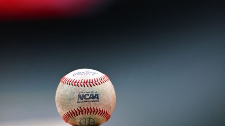 A detail of the NCAA logo on a Rawlings baseball prior to the game between the Tennessee Volunteers and the Arizona Wildcats in the Astros Foundation College Classic at Daikin Park.
