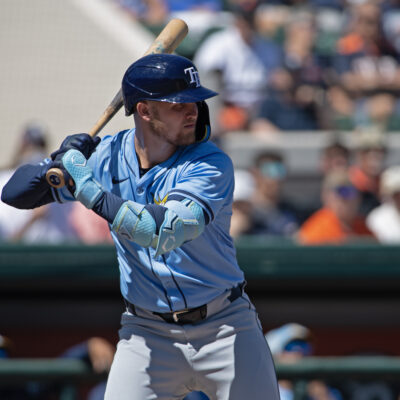 LAKELAND, FLORIDA - MARCH 12: Curtis Mead #25 of the Tampa Bay Rays bats during a spring training game against the Detroit Tigers at Publix Field at Joker Marchant Stadium on March 12, 2025 in Lakeland, Florida. (Photo by Mark Taylor/Getty Images)