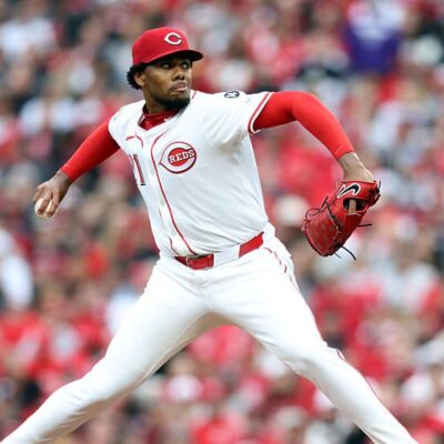 Hunter Greene of the Cincinnati Reds pitches during the game between the San Francisco Giants and the Cincinnati Reds at Great American Ball Park.