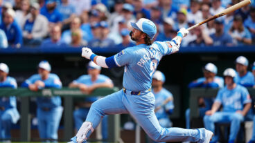 KANSAS CITY, MO - MARCH 27: Vinnie Pasquantino #9 of the Kansas City Royals hits a three-run home run in the third inning of the game between the Cleveland Guardians and the Kansas City Royals at Kauffman Stadium on Thursday, March 27, 2025 in Kansas City, Missouri. (Photo by Daniel Shirey/MLB Photos via Getty Images)