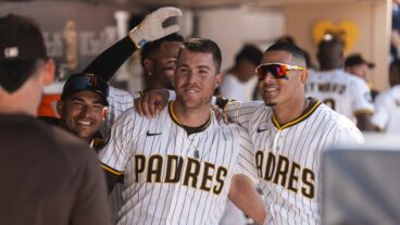 SAN DIEGO, CALIFORNIA - MARCH 27: Gavin Sheets #30 of the San Diego Padres celebrates after hitting a home run in the seventh inning during the game against the Atlanta braves on opening day at Petco Park on March 27, 2025 in San Diego, California. (Photo by Matt Thomas/San Diego Padres/Getty Images)