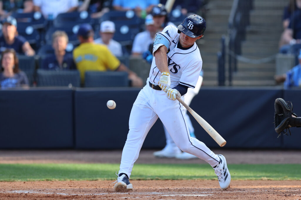 TAMPA, FL - MARCH 28: Taylor Walls #6 of the Tampa Bay Rays bats during the game between the Colorado Rockies and the Tampa Bay Rays at George M. Steinbrenner Field on Friday, March 28, 2025 in Tampa, Florida. (Photo by Mike Carlson/MLB Photos via Getty Images)