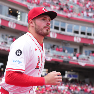 Gavin Lux of the Cincinnati Reds takes the field prior to a game against the San Francisco Giants on Opening Day at Great American Ball Park.