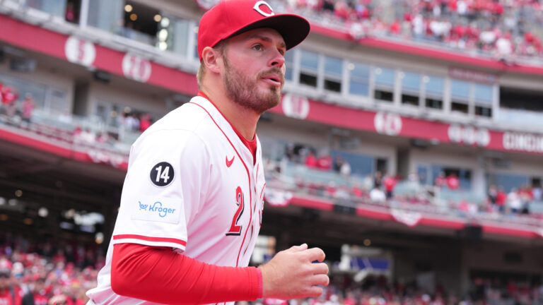 Gavin Lux of the Cincinnati Reds takes the field prior to a game against the San Francisco Giants on Opening Day at Great American Ball Park.