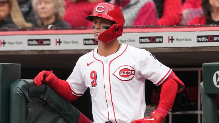 CINCINNATI, OHIO - MARCH 27: Matt McLain #9 of the Cincinnati Reds looks on during the third inning against the San Francisco Giants on Opening Day at Great American Ball Park on March 27, 2025 in Cincinnati, Ohio. (Photo by Jeff Dean/Getty Images)