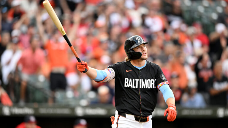 BALTIMORE, MARYLAND - AUGUST 14: Gunnar Henderson #2 of the Baltimore Orioles watches his two-run home run ball clear the fence in the first inning against the Washington Nationals at Oriole Park at Camden Yards on August 14, 2024 in Baltimore, Maryland. (Photo by Greg Fiume/Getty Images)