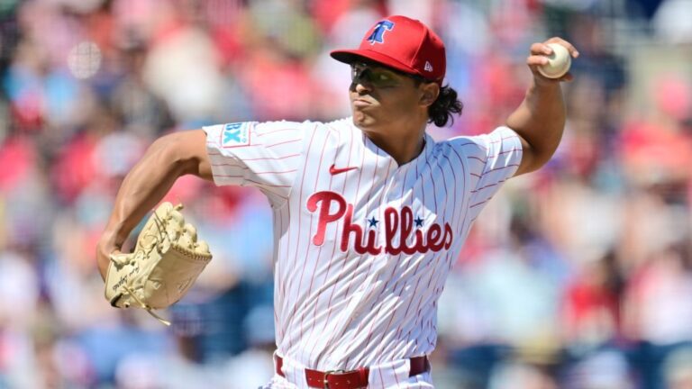 Jesús Luzardo of the Philadelphia Phillies delivers a pitch in the first inning against the Boston Red Sox during a Grapefruit League spring training game at BayCare Ballpark.