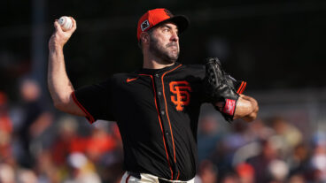 Justin Verlander of the San Francisco Giants pitches in the first inning against the Athletics during a spring training game at Scottsdale Stadium in Scottsdale, Arizona.