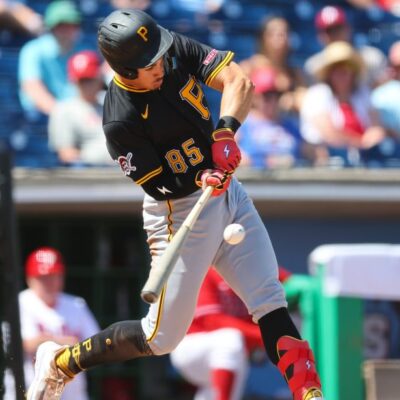 CLEARWATER, FL - MARCH 14: Konnor Griffin #85 of the Pittsburgh Pirates bats in the fifth inning during the game between the Pittsburgh Pirates and the Philadelphia Phillies at BayCare Ballpark on Friday, March 14, 2025 in Clearwater, Florida. (Photo by Mike Carlson/MLB Photos via Getty Images)