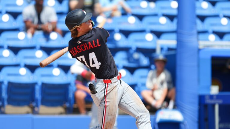 Luke Keaschall of the Minnesota Twins bats during the game against the Toronto Blue Jays at TD Ballpark.