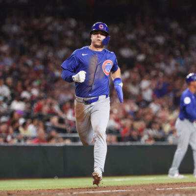 PHOENIX, AZ - MARCH 27: Matt Shaw #6 of the Chicago Cubs scores off a double hit by Miguel Amaya (not pictured) in the ninth inning during the game between the Chicago Cubs and the Arizona Diamondbacks at Chase Field on Thursday, March 27, 2025 in Phoenix, Arizona. (Photo by Chris Coduto/MLB Photos via Getty Images)