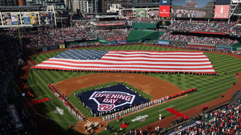 WASHINGTON, DC - MARCH 27: A general view of the flyover on Opening Day between the Philadelphia Phillies and the Washington Nationals at Nationals Park on March 27, 2025 in Washington, DC. (Photo by Samuel Corum/Getty Images)