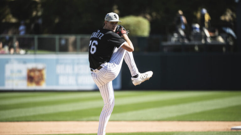GLENDALE, ARIZONA - FEBRUARY 26:Noah Schultz #76 of the Chicago White Sox pitches during a spring training game against the San Diego Padres at Camelback Ranch on February 26, 2025 in Glendale, Arizona. (Photo by Matt Thomas/San Diego Padres/Getty Images)