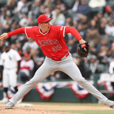 Ryan Johnson of the Los Angeles Angels pitches in his MLB debut in the seventh inning during the game between the Los Angeles Angels and the Chicago White Sox at Rate Field.