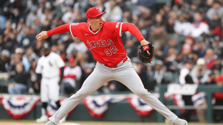 Ryan Johnson of the Los Angeles Angels pitches in his MLB debut in the seventh inning during the game between the Los Angeles Angels and the Chicago White Sox at Rate Field.
