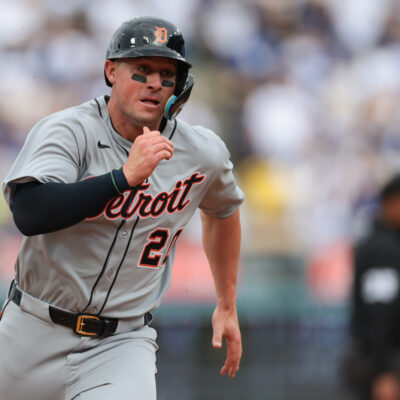 Spencer Torkelson of the Detroit Tigers runs to third base in the second inning during the game between the Detroit Tigers and the Los Angeles Dodgers at Dodger Stadium.